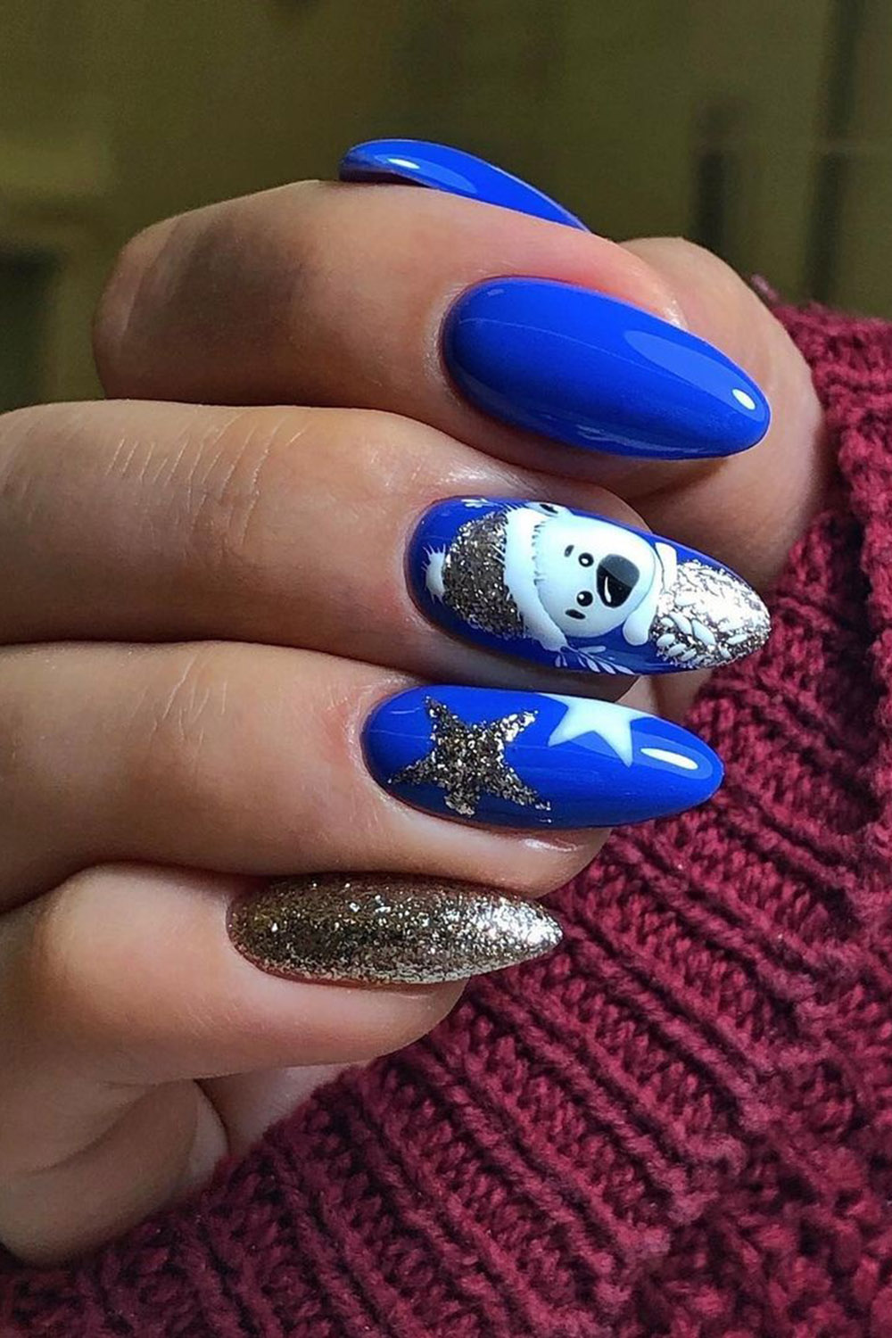 новогодний маникюр синий медвежья мордочка